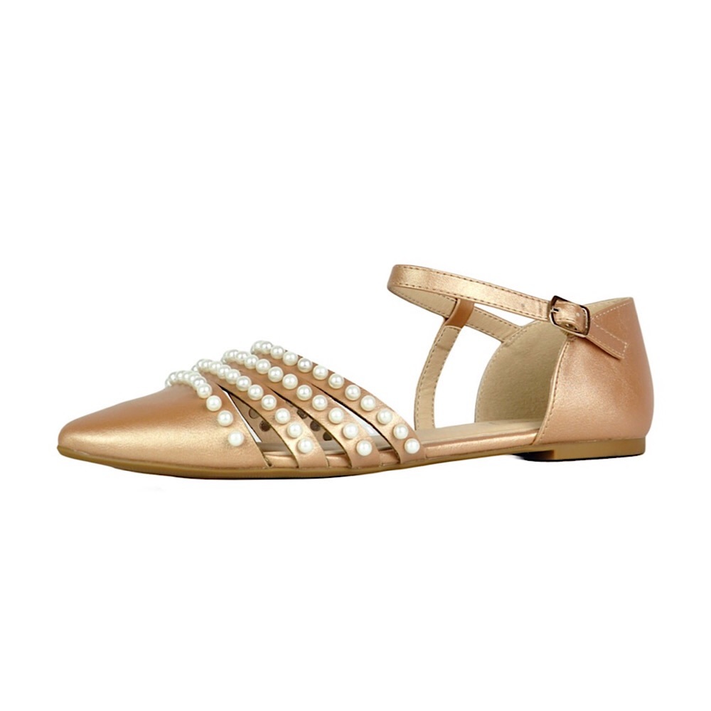 Rose Gold Ballet T-Strap Flats w/Faux Pearls 9M